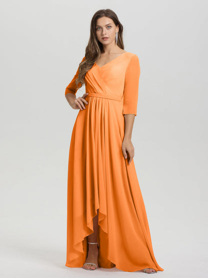 Flowy 3/4 Sleeves V-Neck Asymmetrical High Low Chiffon Bridesmaid Dress