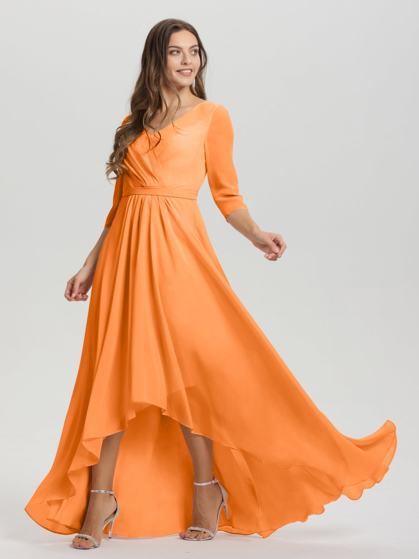 Flowy 3/4 Sleeves V-Neck Asymmetrical High Low Chiffon Bridesmaid Dress
