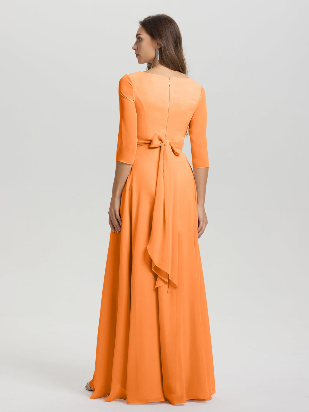 Flowy 3/4 Sleeves V-Neck Asymmetrical High Low Chiffon Bridesmaid Dress