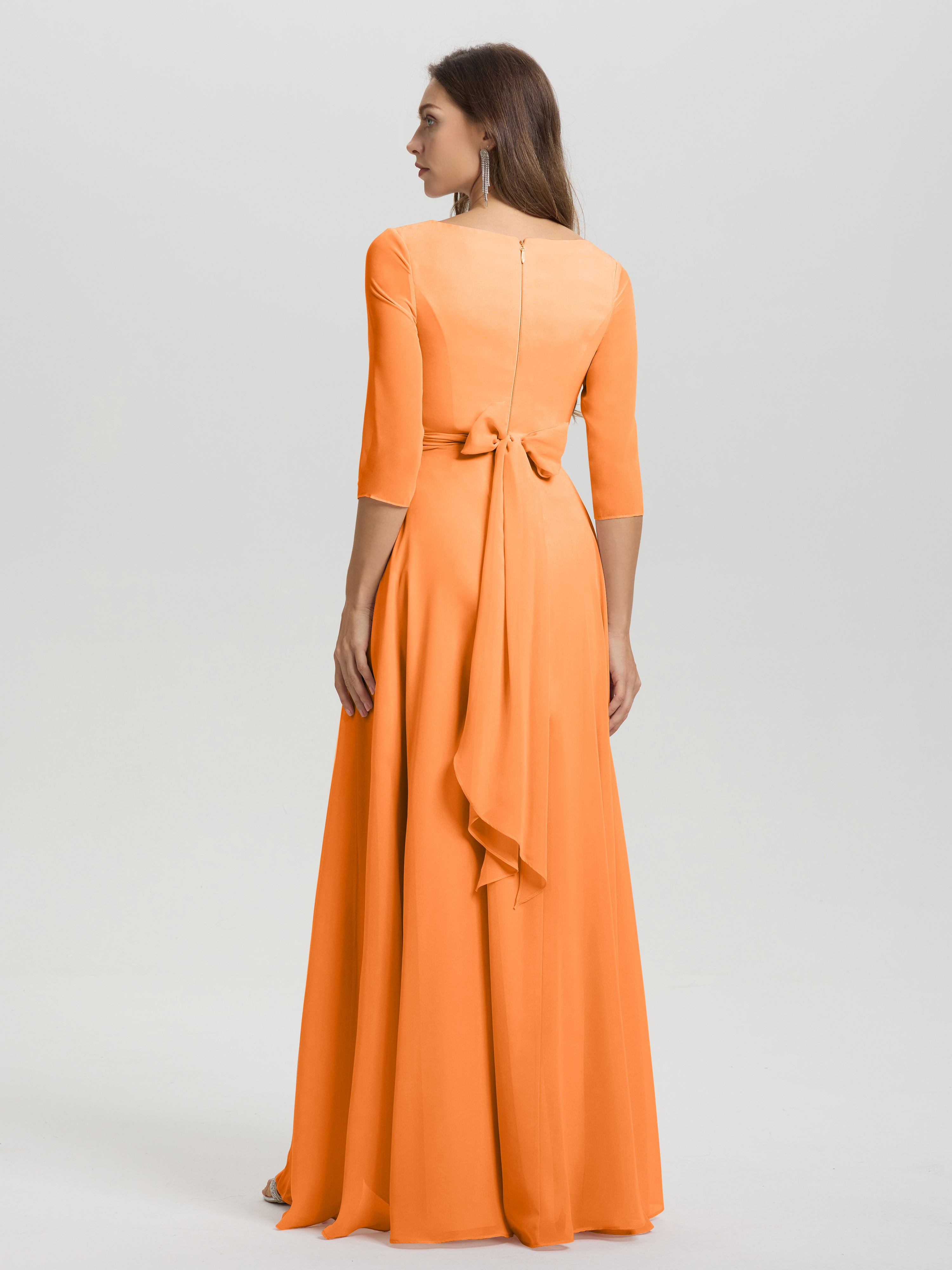 Flowy 3/4 Sleeves V-Neck Asymmetrical High Low Chiffon Bridesmaid Dress