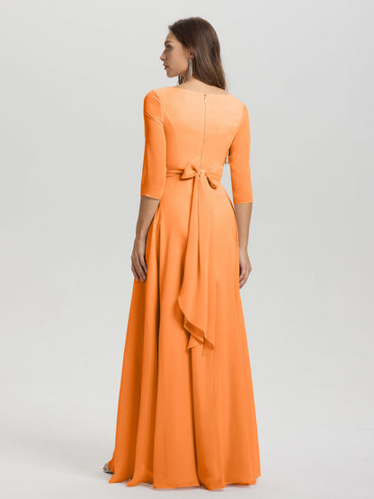 Flowy 3/4 Sleeves V-Neck Asymmetrical High Low Chiffon Bridesmaid Dress