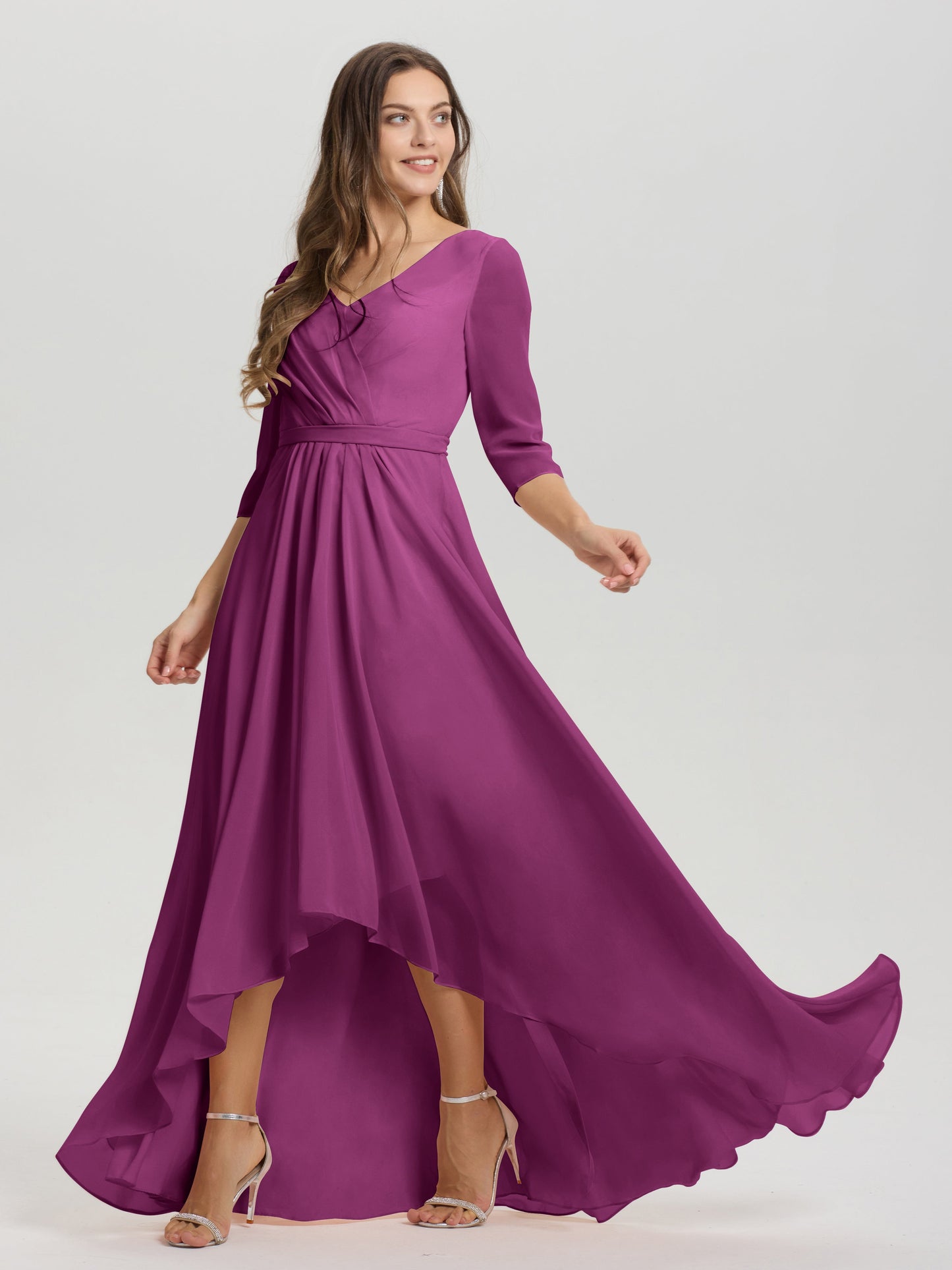 Flowy 3/4 Sleeves V-Neck Asymmetrical High Low Chiffon Bridesmaid Dress