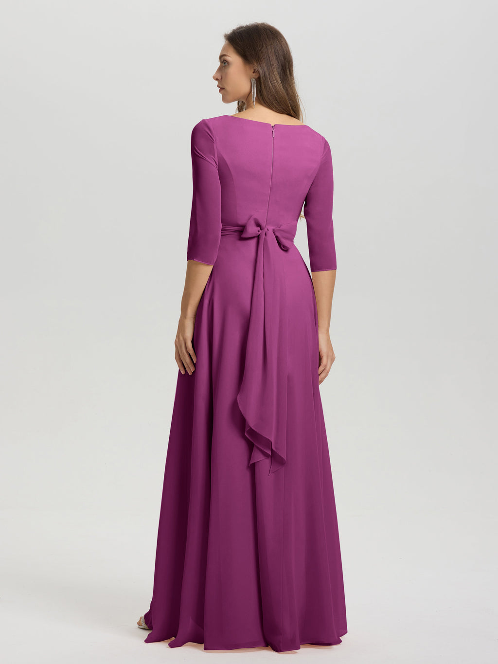 Flowy 3/4 Sleeves V-Neck Asymmetrical High Low Chiffon Bridesmaid Dress