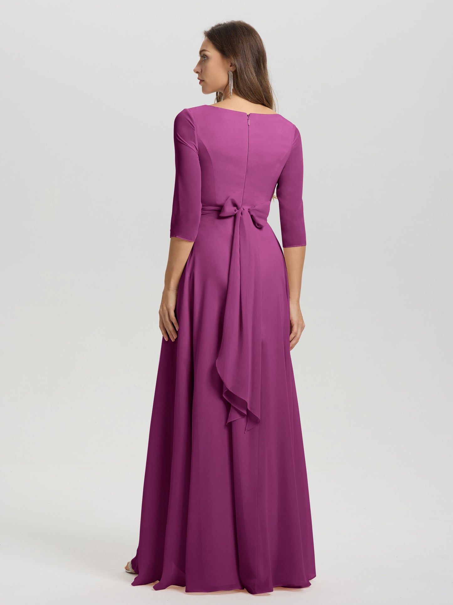 Flowy 3/4 Sleeves V-Neck Asymmetrical High Low Chiffon Bridesmaid Dress