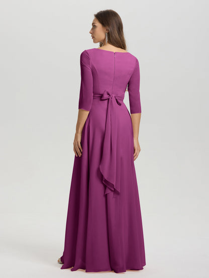 Flowy 3/4 Sleeves V-Neck Asymmetrical High Low Chiffon Bridesmaid Dress