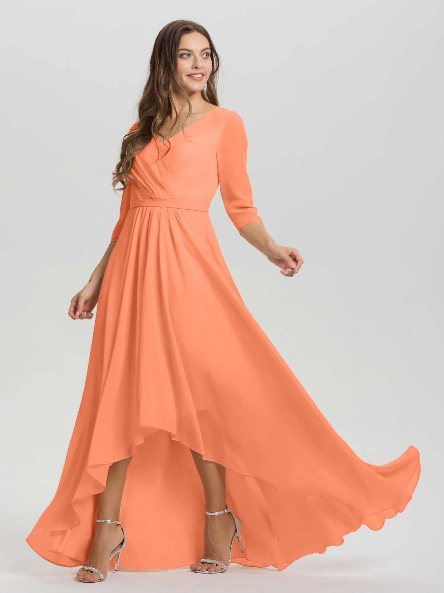 Flowy 3/4 Sleeves V-Neck Asymmetrical High Low Chiffon Bridesmaid Dress