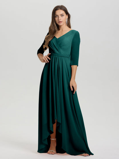 Flowy 3/4 Sleeves V-Neck Asymmetrical High Low Chiffon Bridesmaid Dress