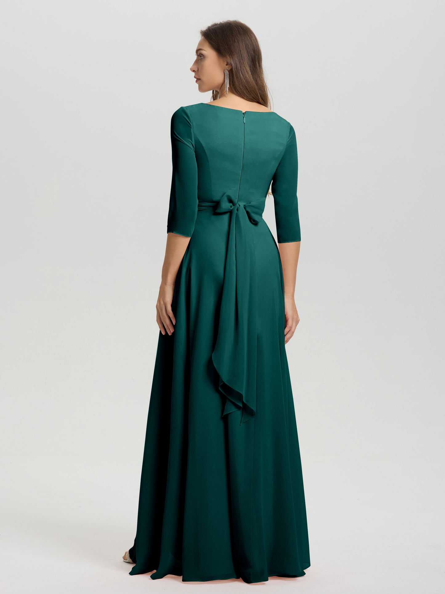 Flowy 3/4 Sleeves V-Neck Asymmetrical High Low Chiffon Bridesmaid Dress