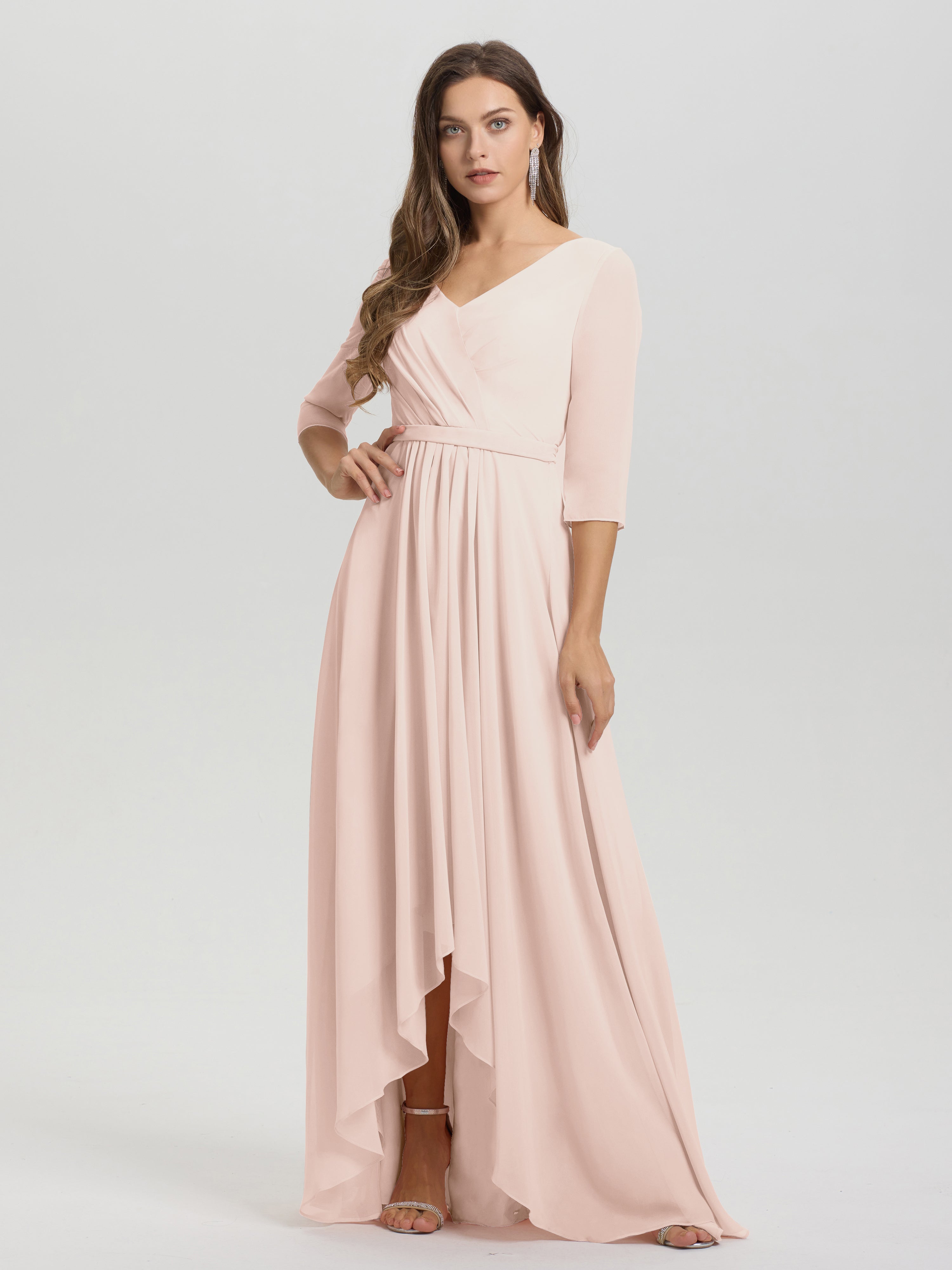 Flowy 3/4 Sleeves V-Neck Asymmetrical High Low Chiffon Bridesmaid Dress
