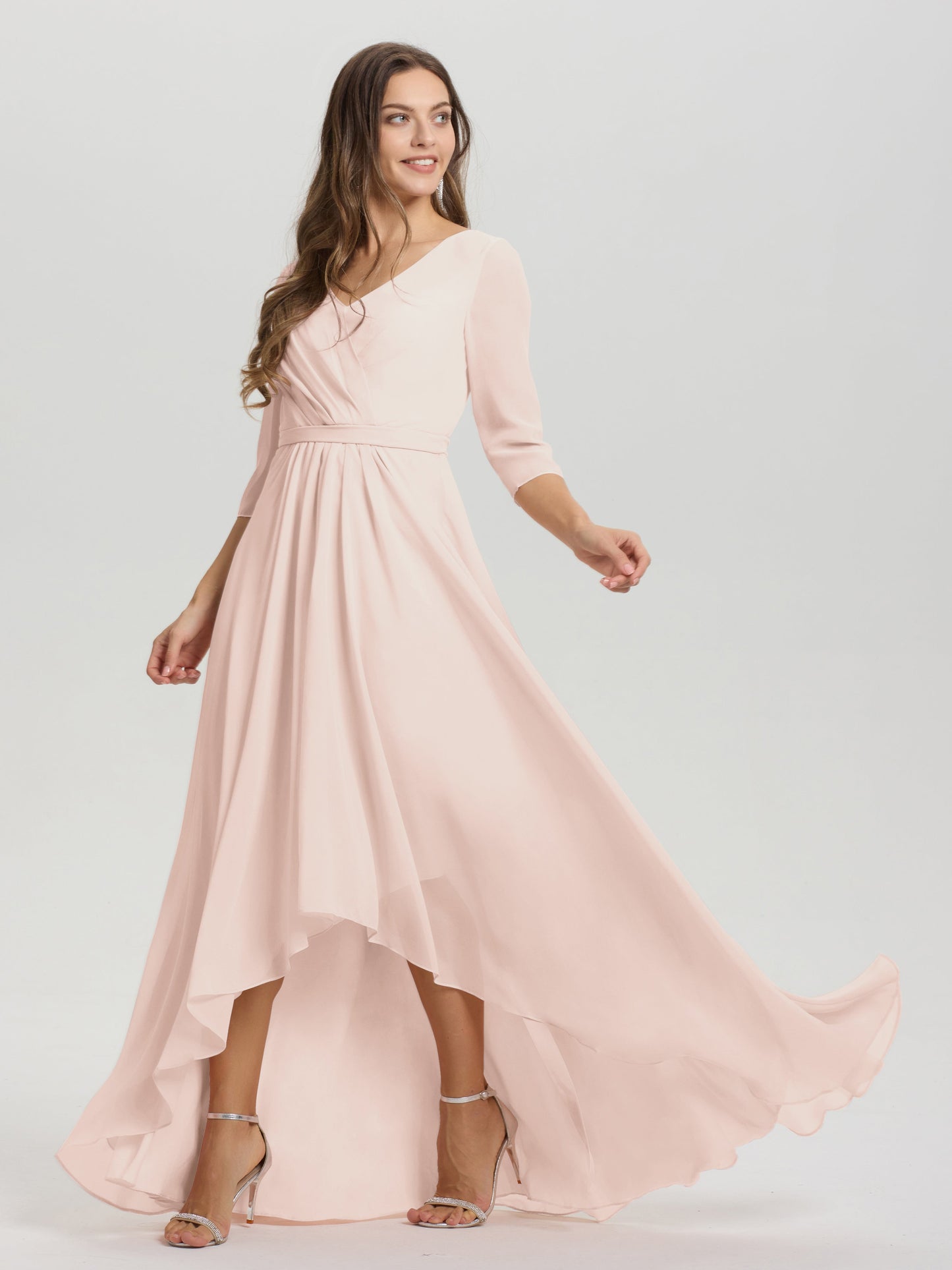 Flowy 3/4 Sleeves V-Neck Asymmetrical High Low Chiffon Bridesmaid Dress
