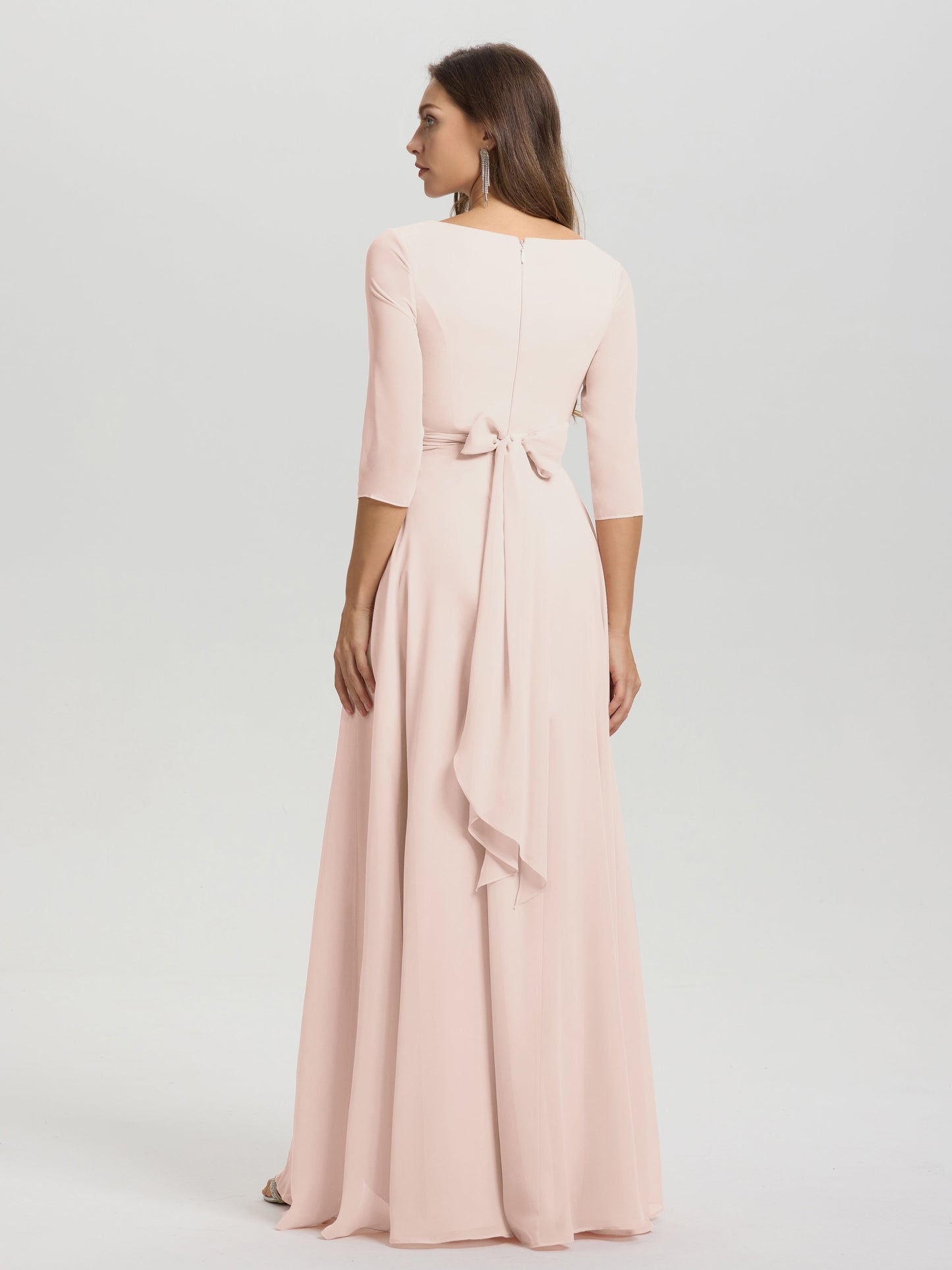 Flowy 3/4 Sleeves V-Neck Asymmetrical High Low Chiffon Bridesmaid Dress
