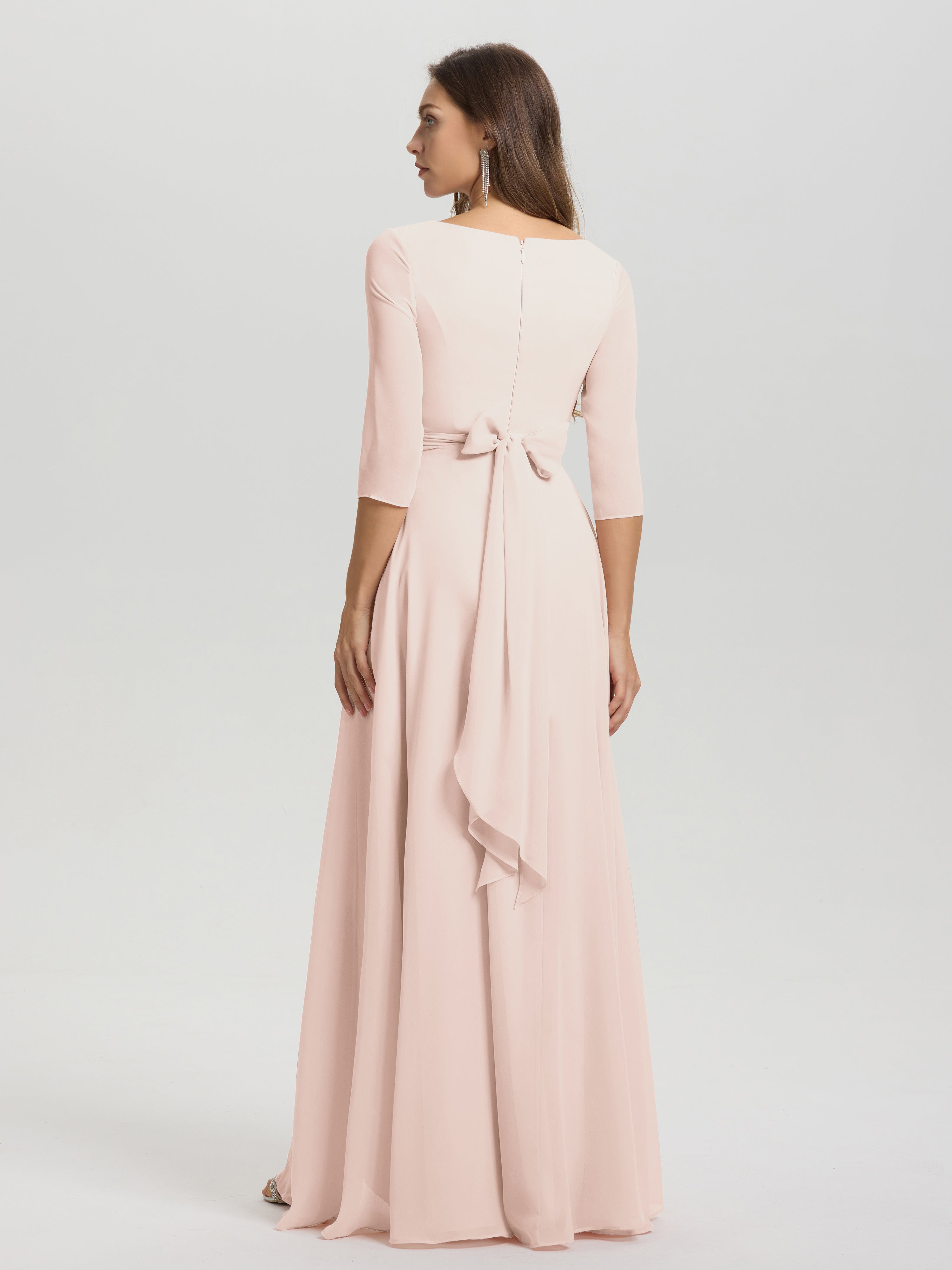 Flowy 3/4 Sleeves V-Neck Asymmetrical High Low Chiffon Bridesmaid Dress