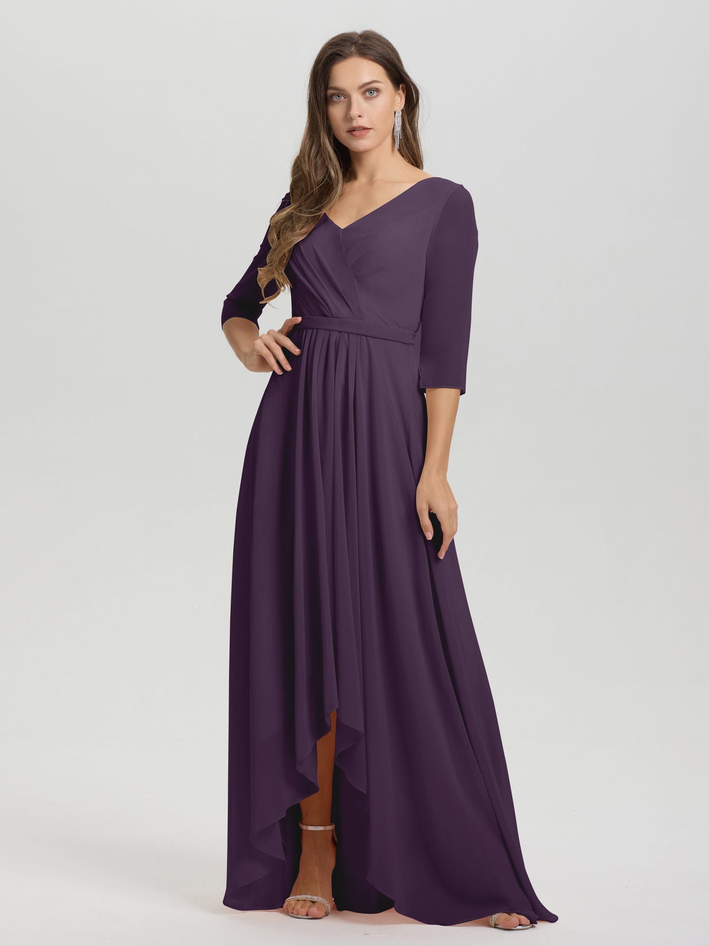 Flowy 3/4 Sleeves V-Neck Asymmetrical High Low Chiffon Bridesmaid Dress