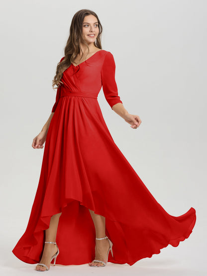 Flowy 3/4 Sleeves V-Neck Asymmetrical High Low Chiffon Bridesmaid Dress