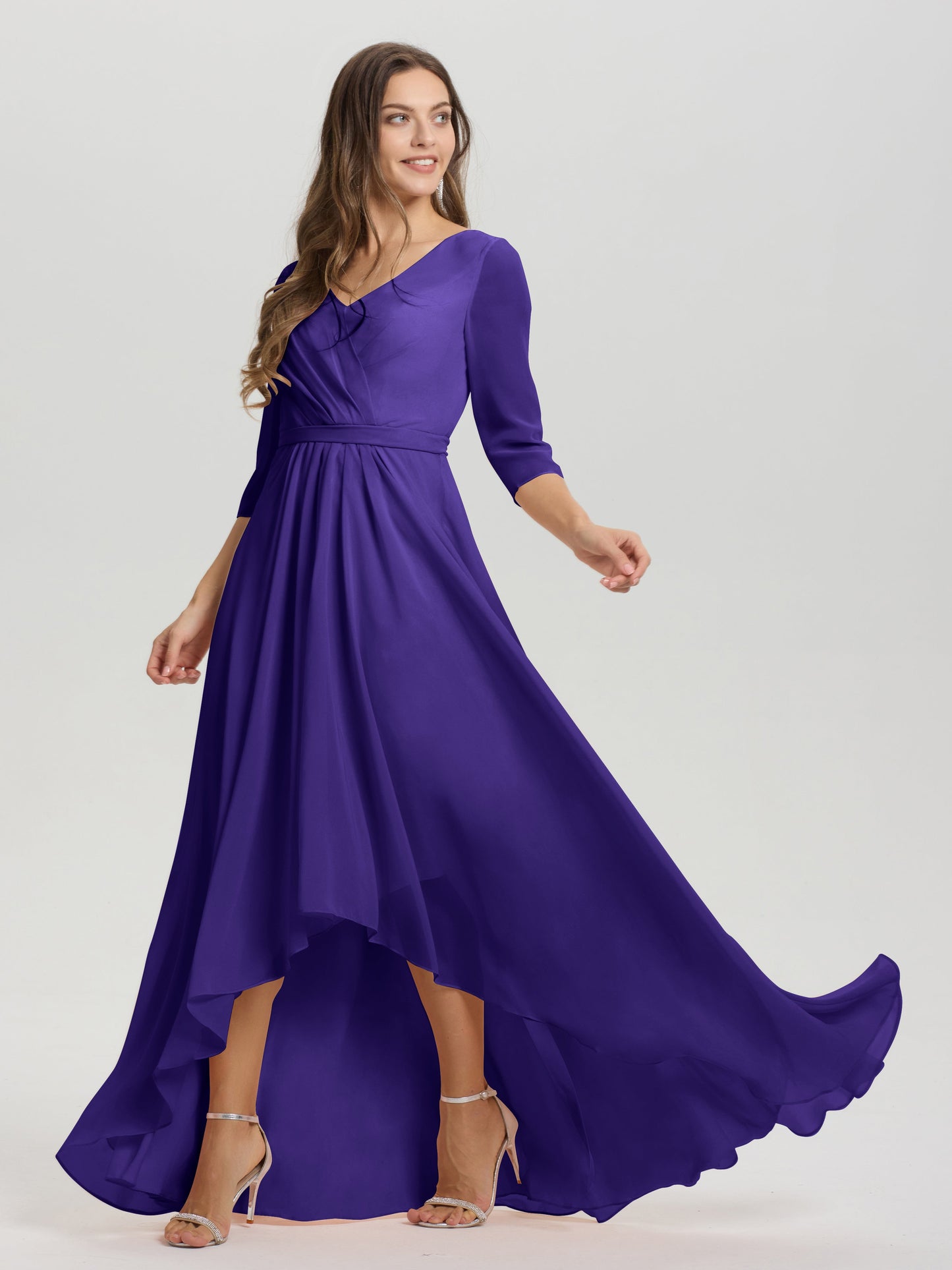 Flowy 3/4 Sleeves V-Neck Asymmetrical High Low Chiffon Bridesmaid Dress