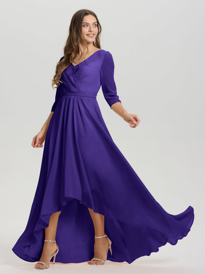 Flowy 3/4 Sleeves V-Neck Asymmetrical High Low Chiffon Bridesmaid Dress