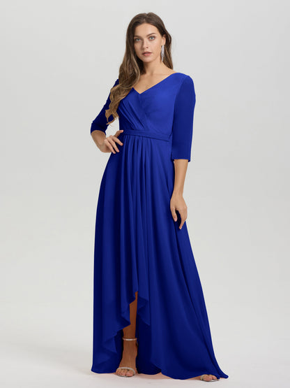 Flowy 3/4 Sleeves V-Neck Asymmetrical High Low Chiffon Bridesmaid Dress