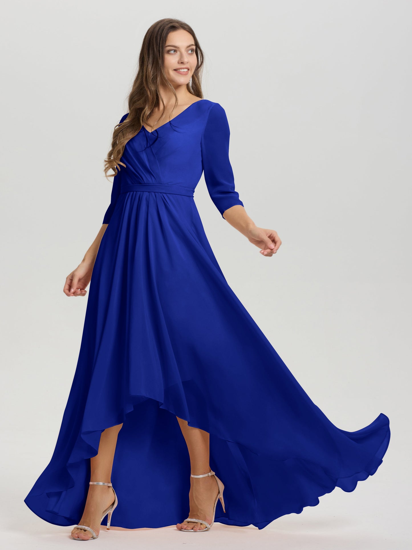 Flowy 3/4 Sleeves V-Neck Asymmetrical High Low Chiffon Bridesmaid Dress