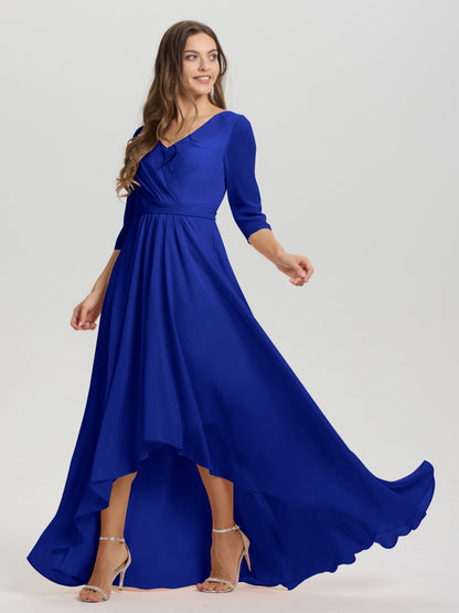 Flowy 3/4 Sleeves V-Neck Asymmetrical High Low Chiffon Bridesmaid Dress