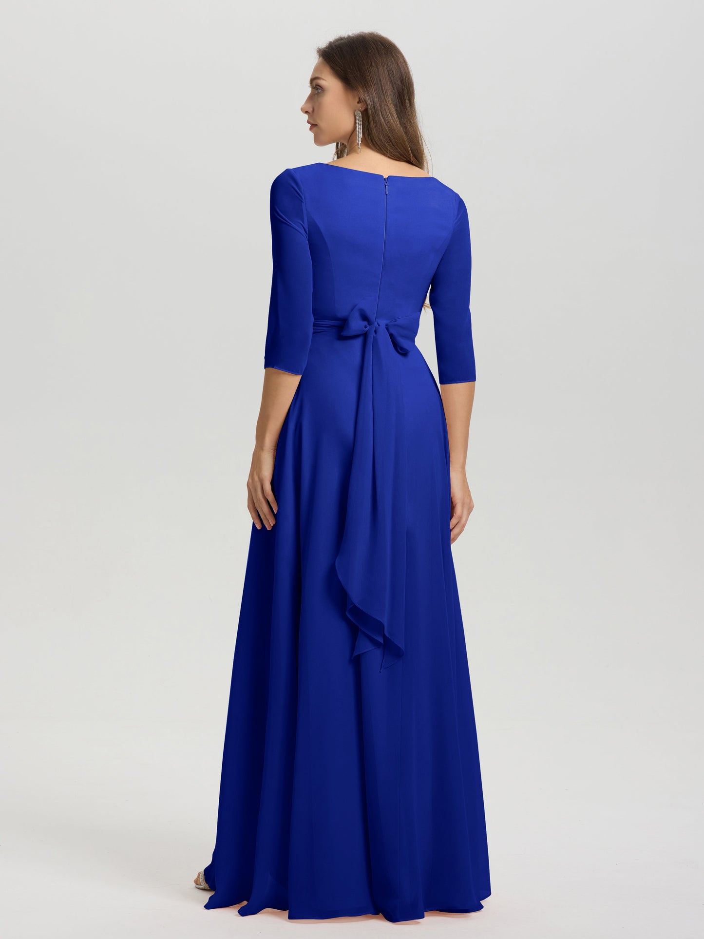 Flowy 3/4 Sleeves V-Neck Asymmetrical High Low Chiffon Bridesmaid Dress
