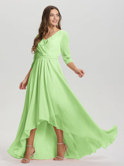 Flowy 3/4 Sleeves V-Neck Asymmetrical High Low Chiffon Bridesmaid Dress