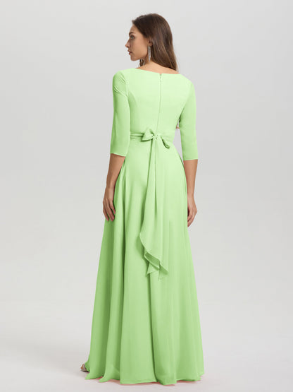 Flowy 3/4 Sleeves V-Neck Asymmetrical High Low Chiffon Bridesmaid Dress