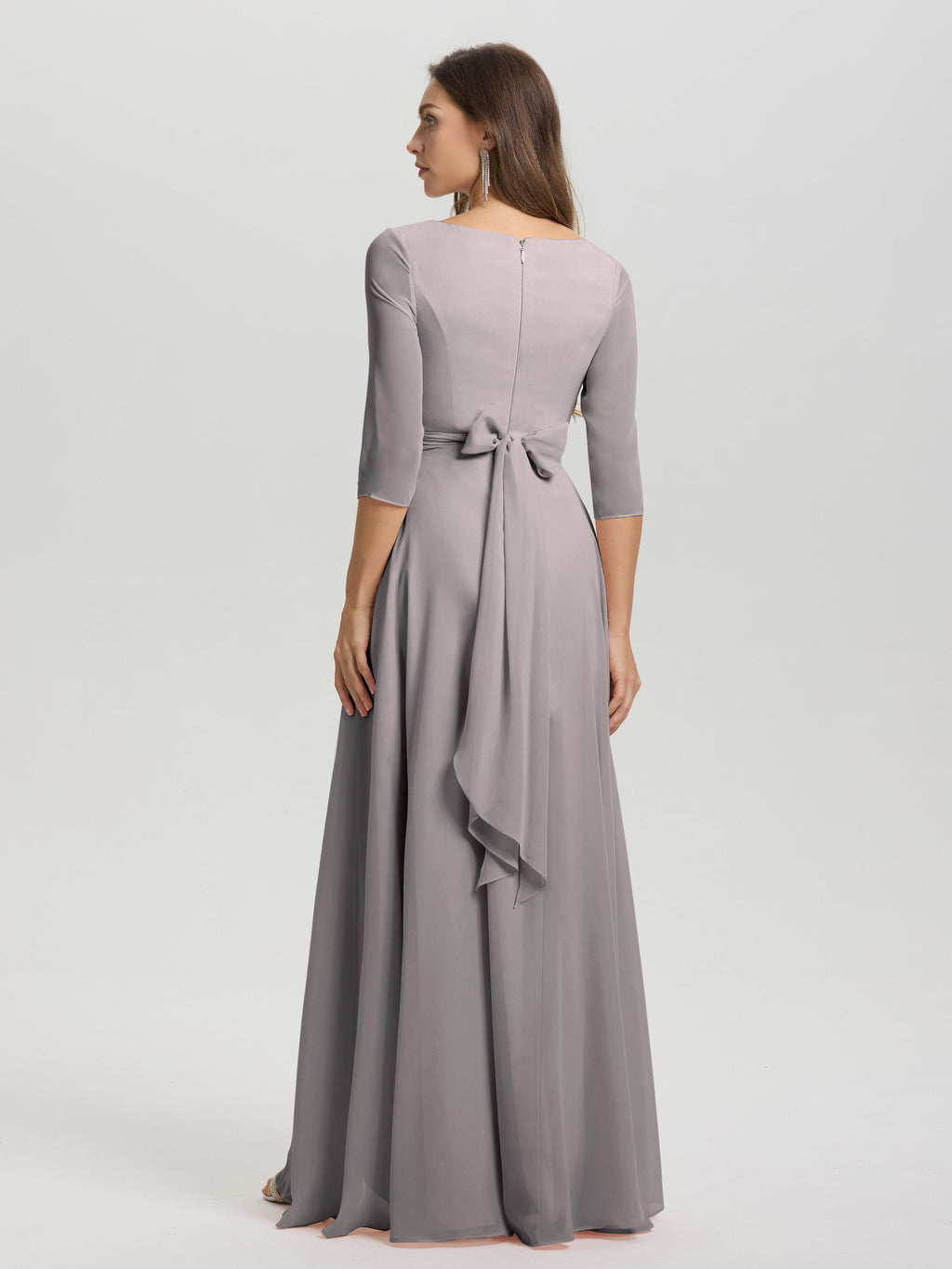 Flowy 3/4 Sleeves V-Neck Asymmetrical High Low Chiffon Bridesmaid Dress
