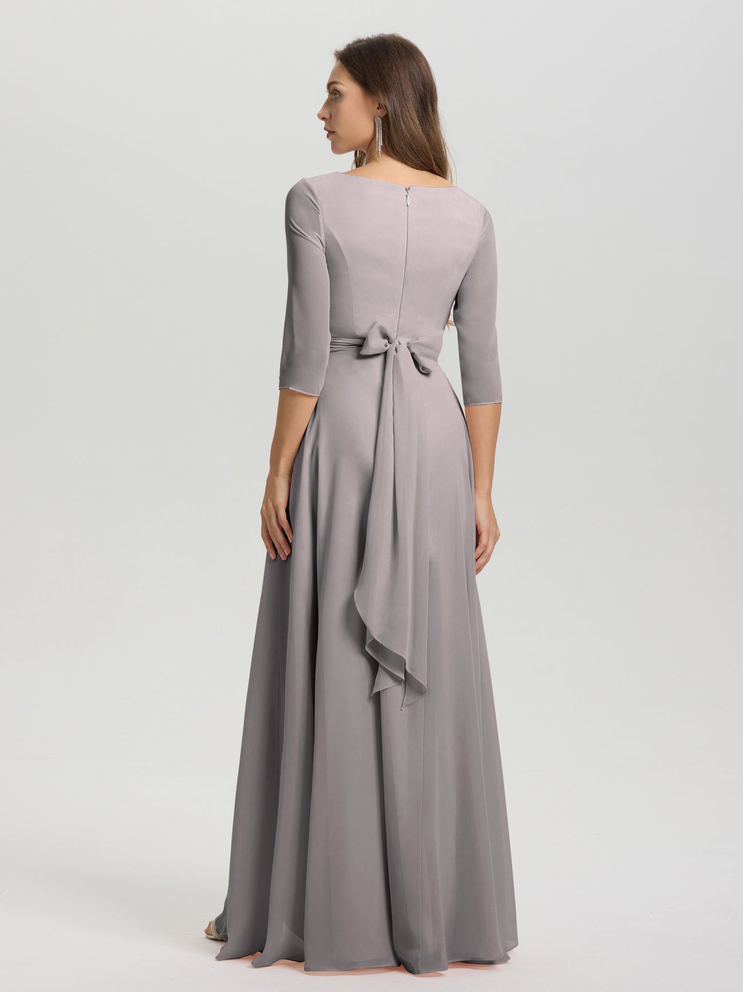 Flowy 3/4 Sleeves V-Neck Asymmetrical High Low Chiffon Bridesmaid Dress