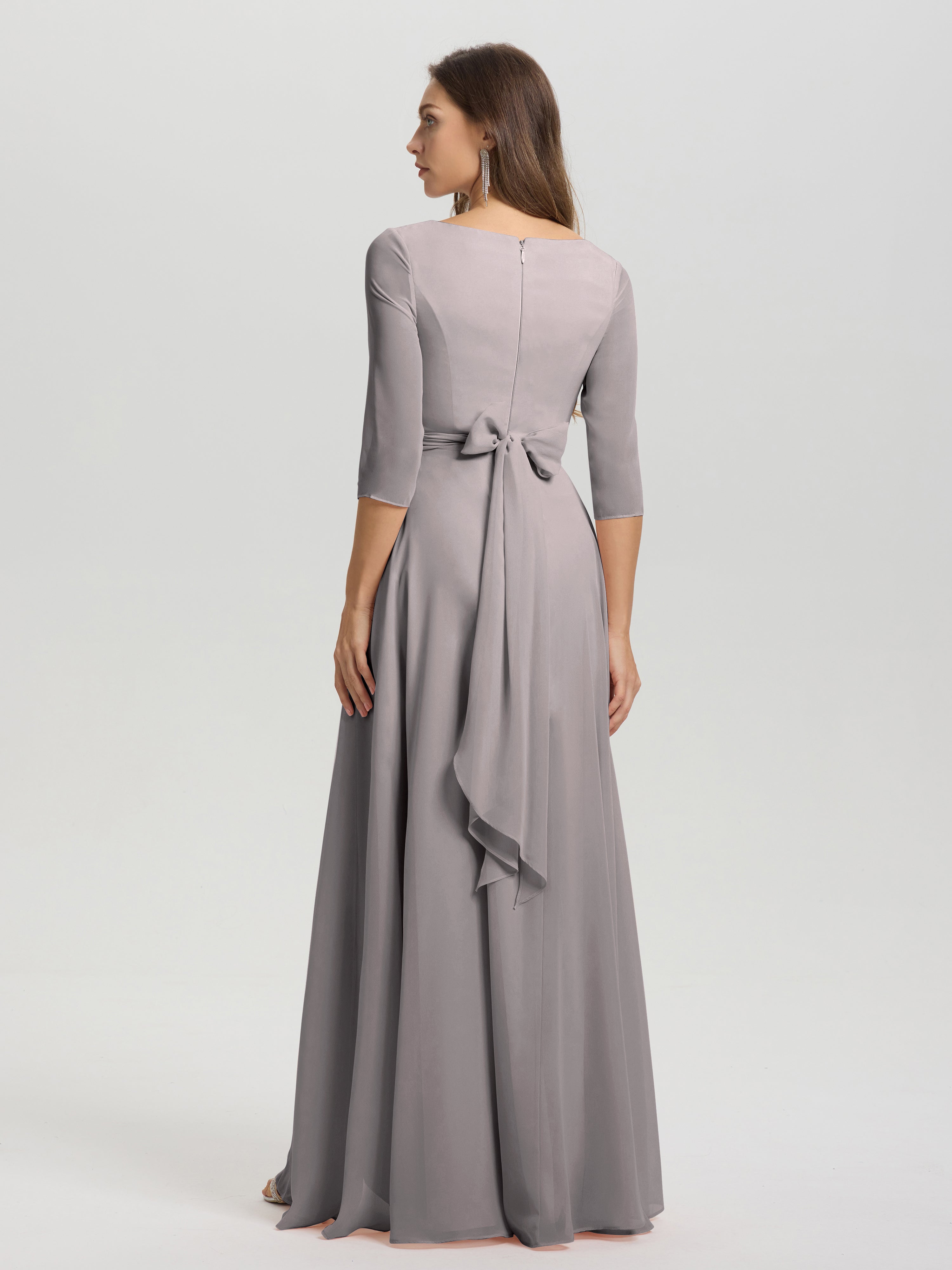 Flowy 3/4 Sleeves V-Neck Asymmetrical High Low Chiffon Bridesmaid Dress