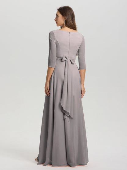 Flowy 3/4 Sleeves V-Neck Asymmetrical High Low Chiffon Bridesmaid Dress