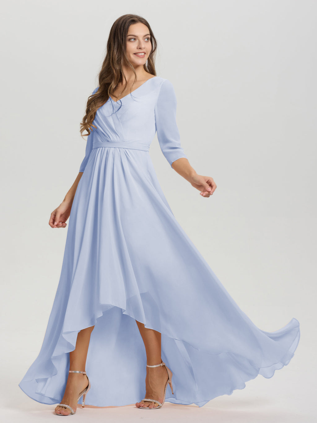 Flowy 3/4 Sleeves V-Neck Asymmetrical High Low Chiffon Bridesmaid Dress