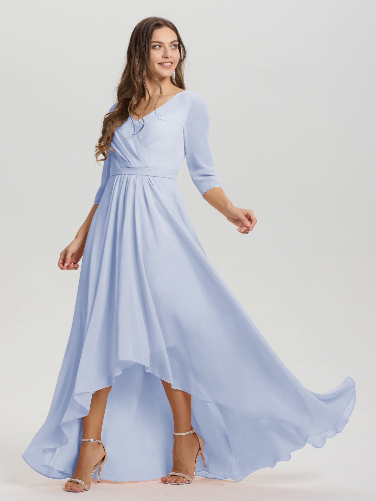 Flowy 3/4 Sleeves V-Neck Asymmetrical High Low Chiffon Bridesmaid Dress