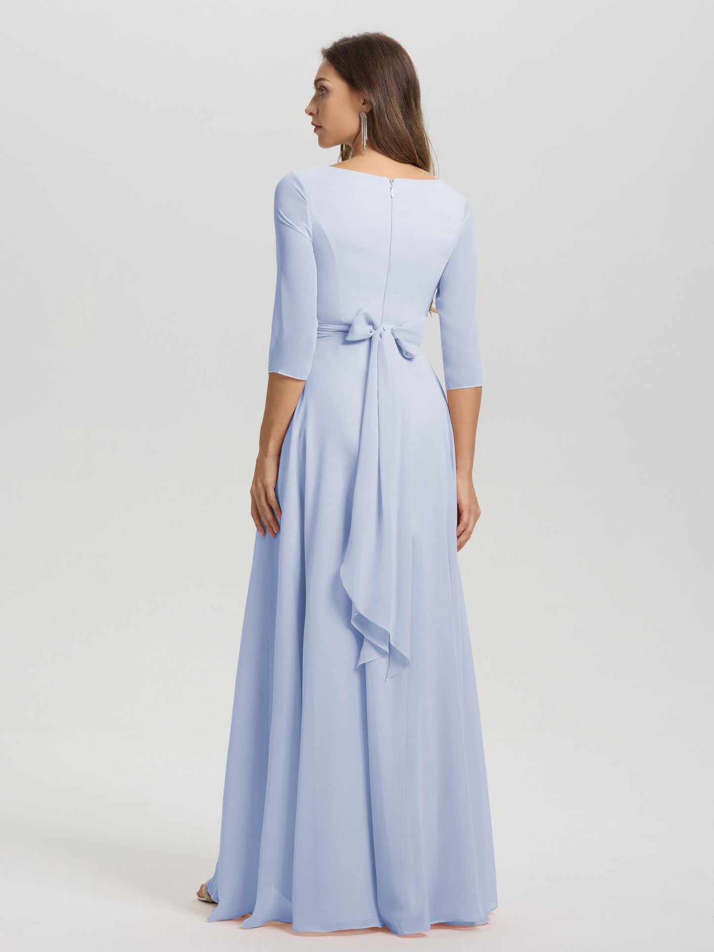 Flowy 3/4 Sleeves V-Neck Asymmetrical High Low Chiffon Bridesmaid Dress