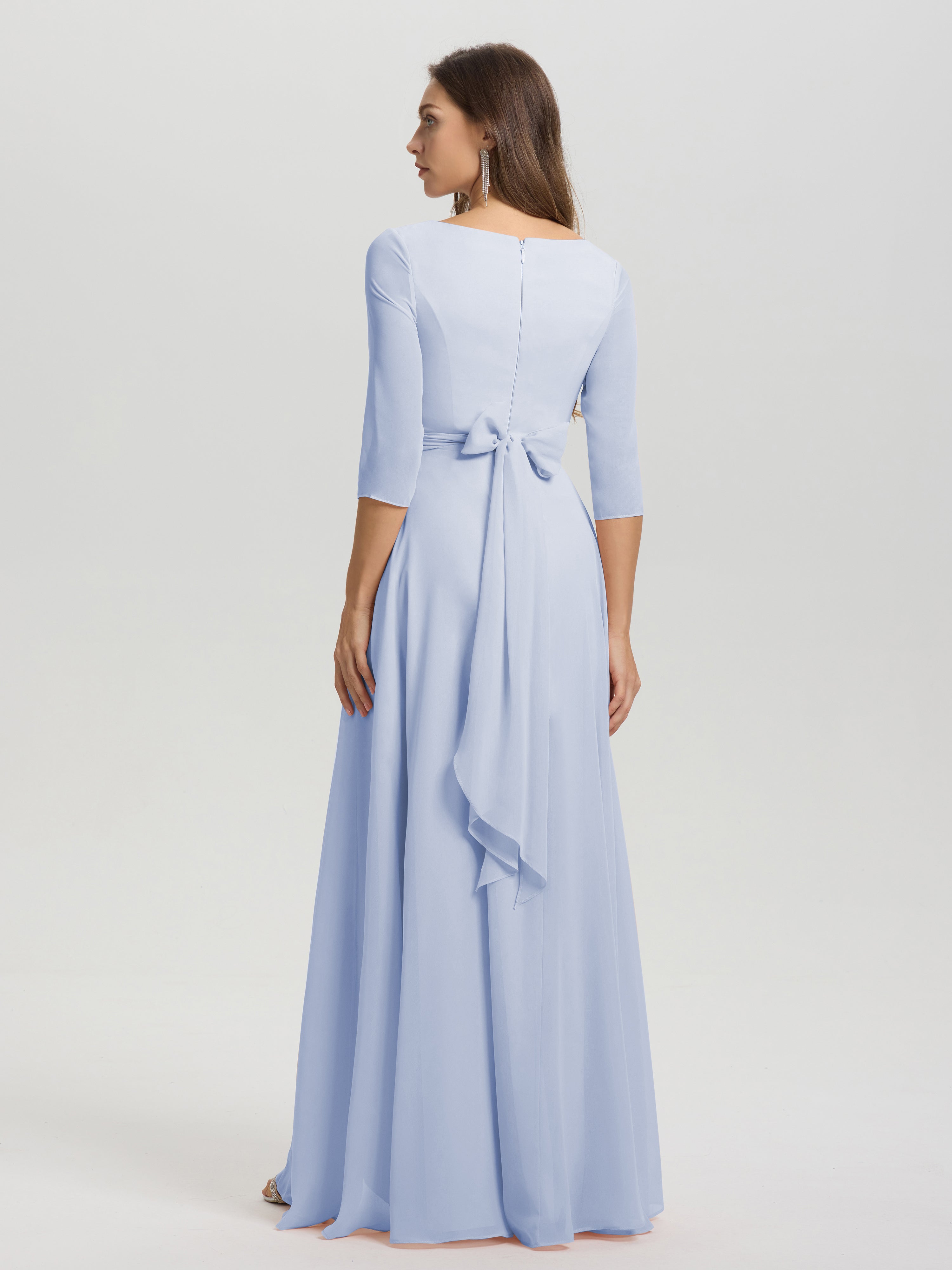 Flowy 3/4 Sleeves V-Neck Asymmetrical High Low Chiffon Bridesmaid Dress