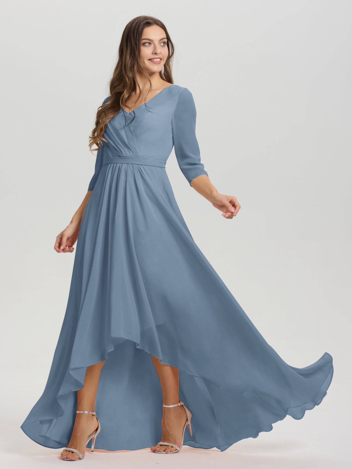 Flowy 3/4 Sleeves V-Neck Asymmetrical High Low Chiffon Bridesmaid Dress