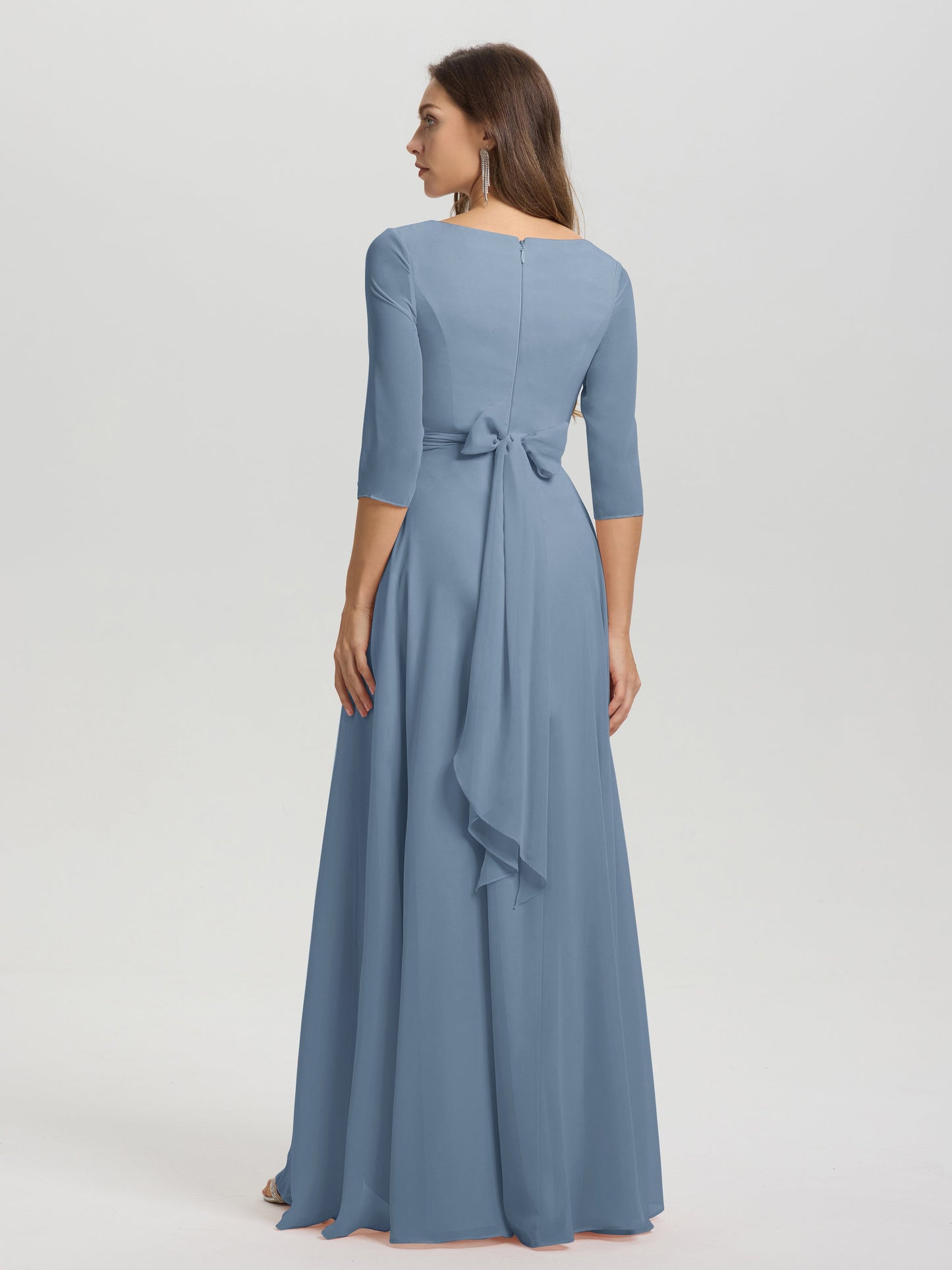 Flowy 3/4 Sleeves V-Neck Asymmetrical High Low Chiffon Bridesmaid Dress