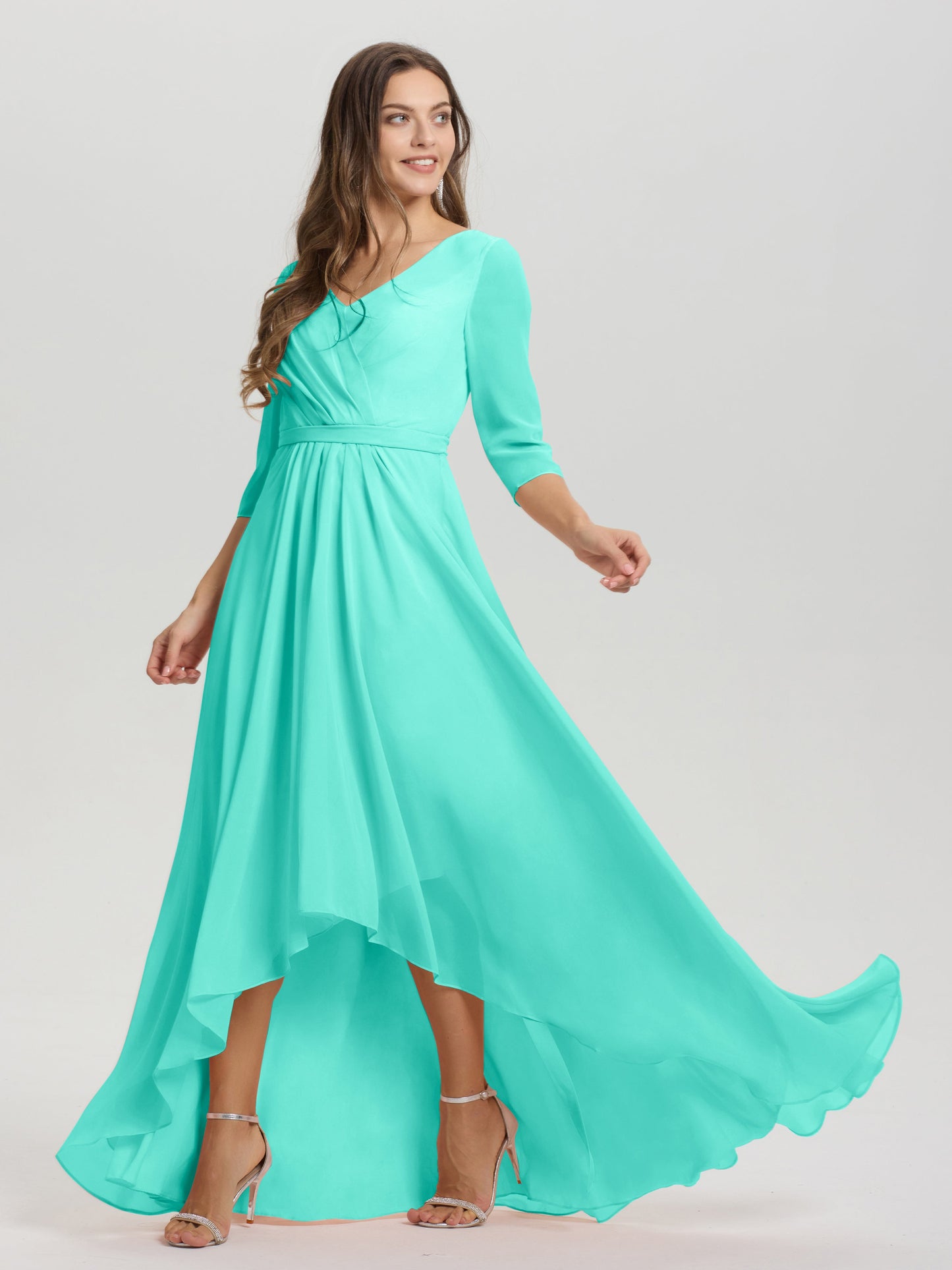 Flowy 3/4 Sleeves V-Neck Asymmetrical High Low Chiffon Bridesmaid Dress