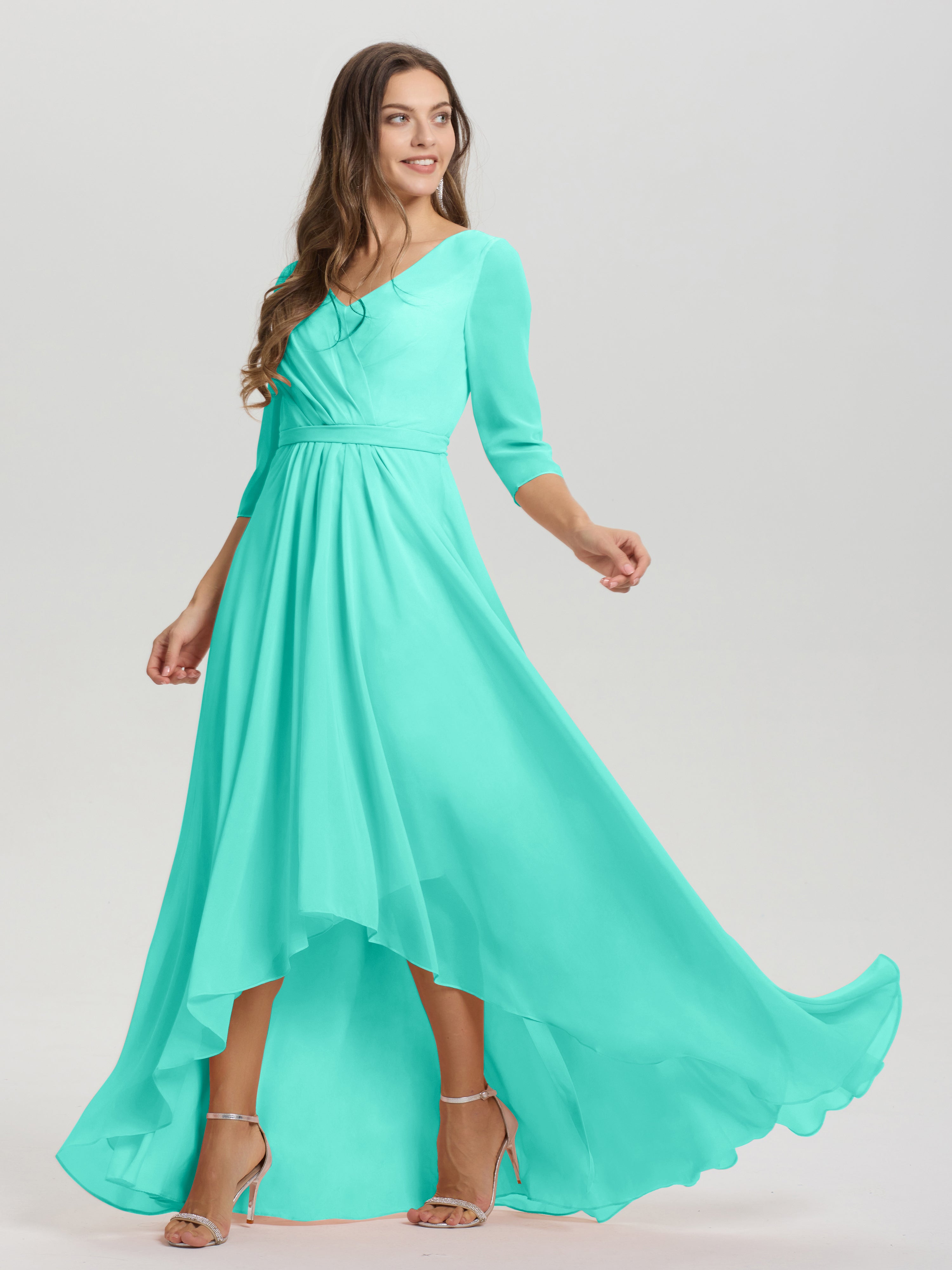 Flowy 3/4 Sleeves V-Neck Asymmetrical High Low Chiffon Bridesmaid Dress