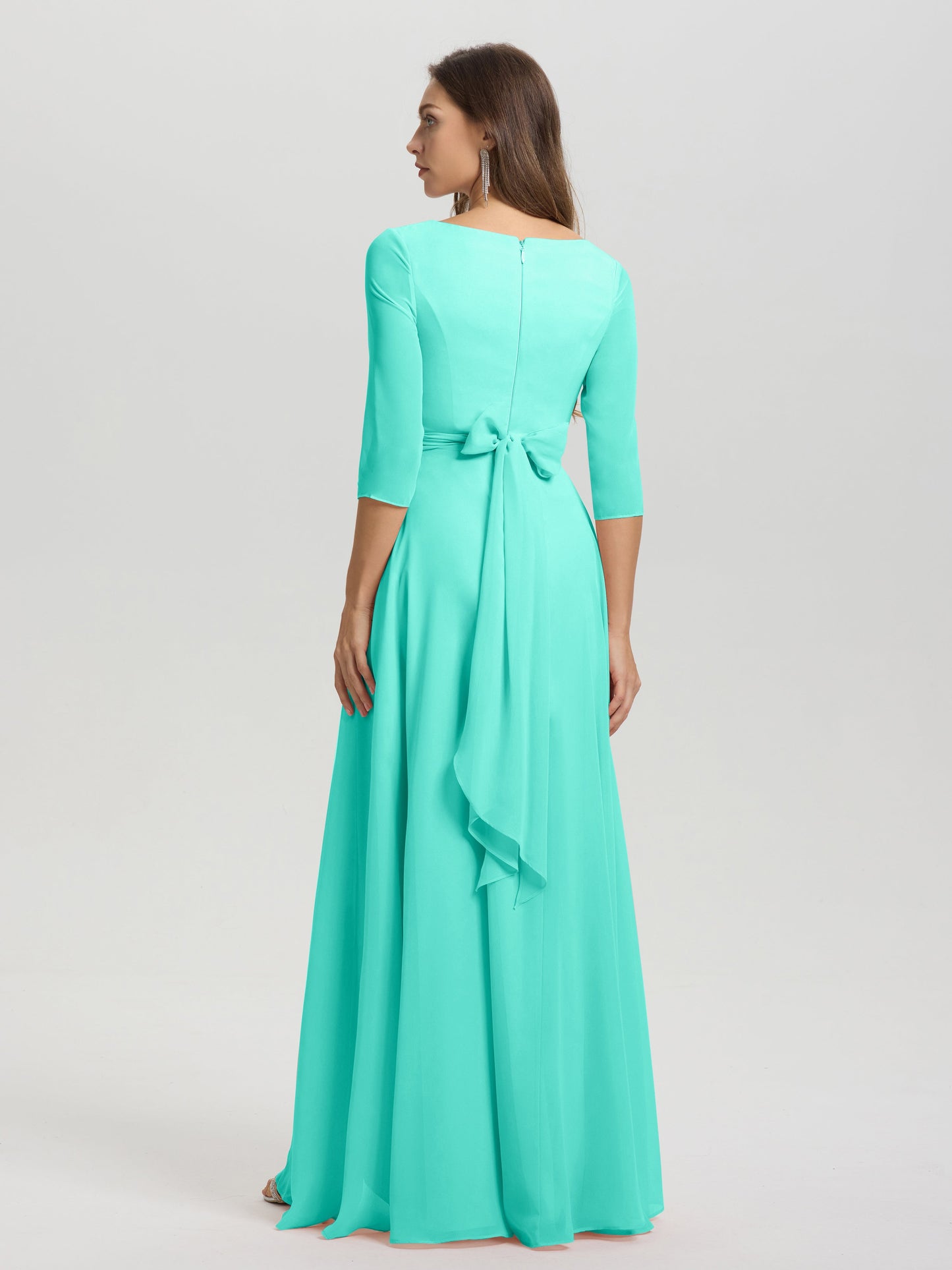 Flowy 3/4 Sleeves V-Neck Asymmetrical High Low Chiffon Bridesmaid Dress