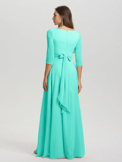 Flowy 3/4 Sleeves V-Neck Asymmetrical High Low Chiffon Bridesmaid Dress