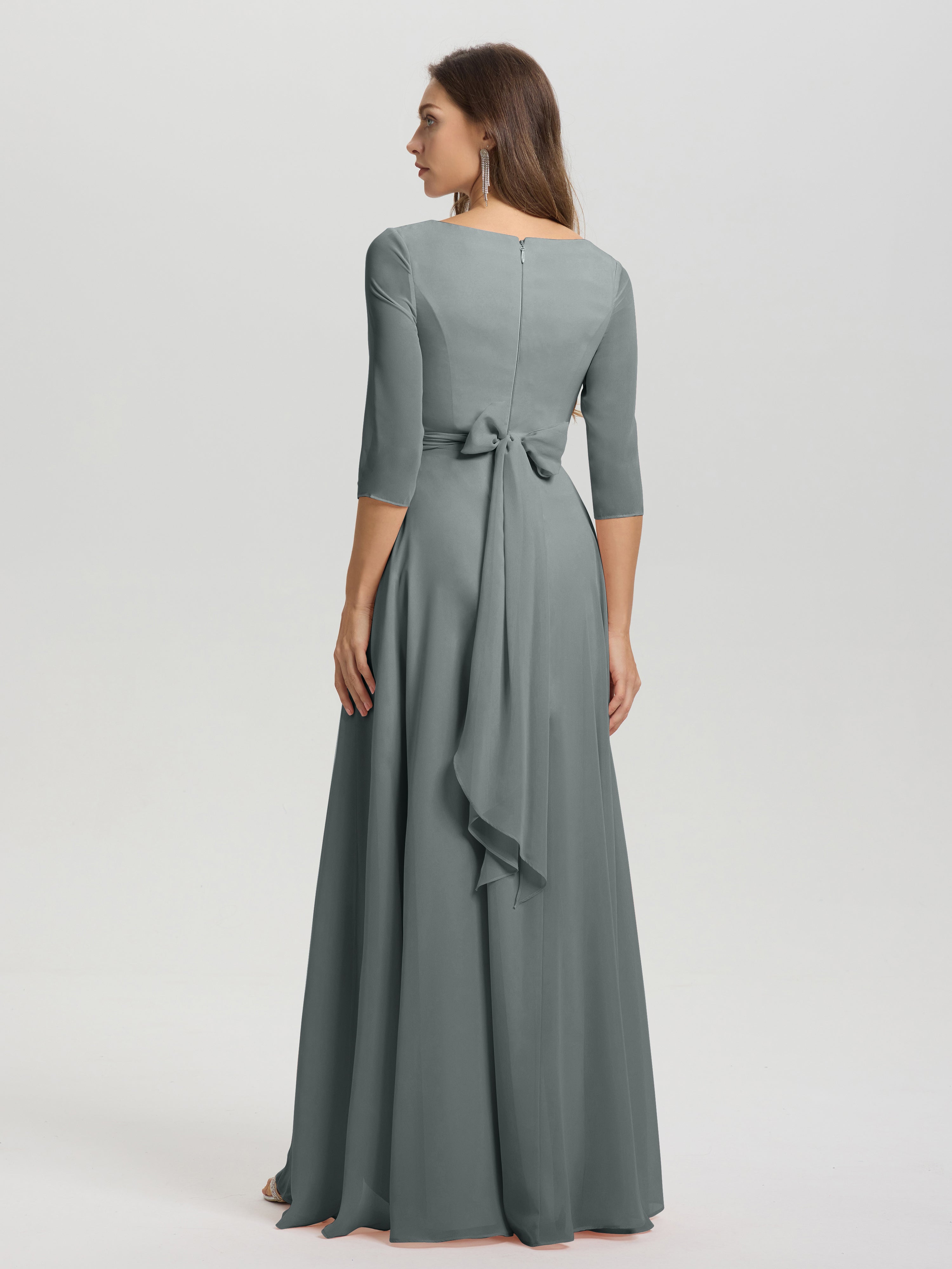 Flowy 3/4 Sleeves V-Neck Asymmetrical High Low Chiffon Bridesmaid Dress