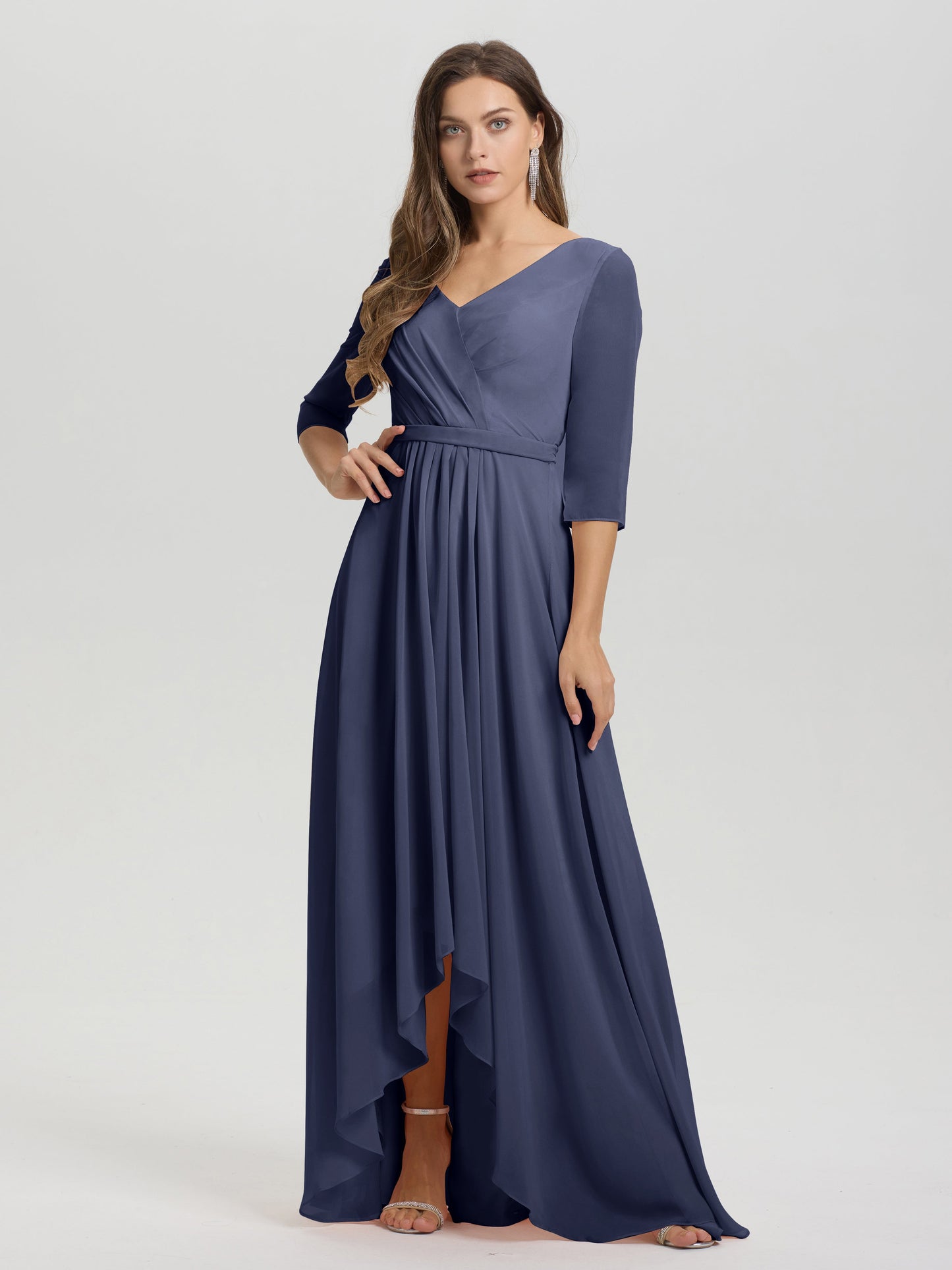 Flowy 3/4 Sleeves V-Neck Asymmetrical High Low Chiffon Bridesmaid Dress