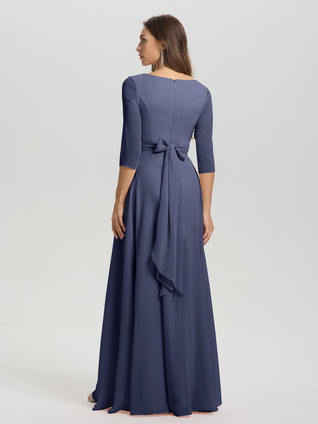 Flowy 3/4 Sleeves V-Neck Asymmetrical High Low Chiffon Bridesmaid Dress