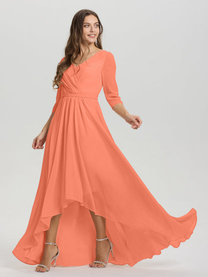 Flowy 3/4 Sleeves V-Neck Asymmetrical High Low Chiffon Bridesmaid Dress