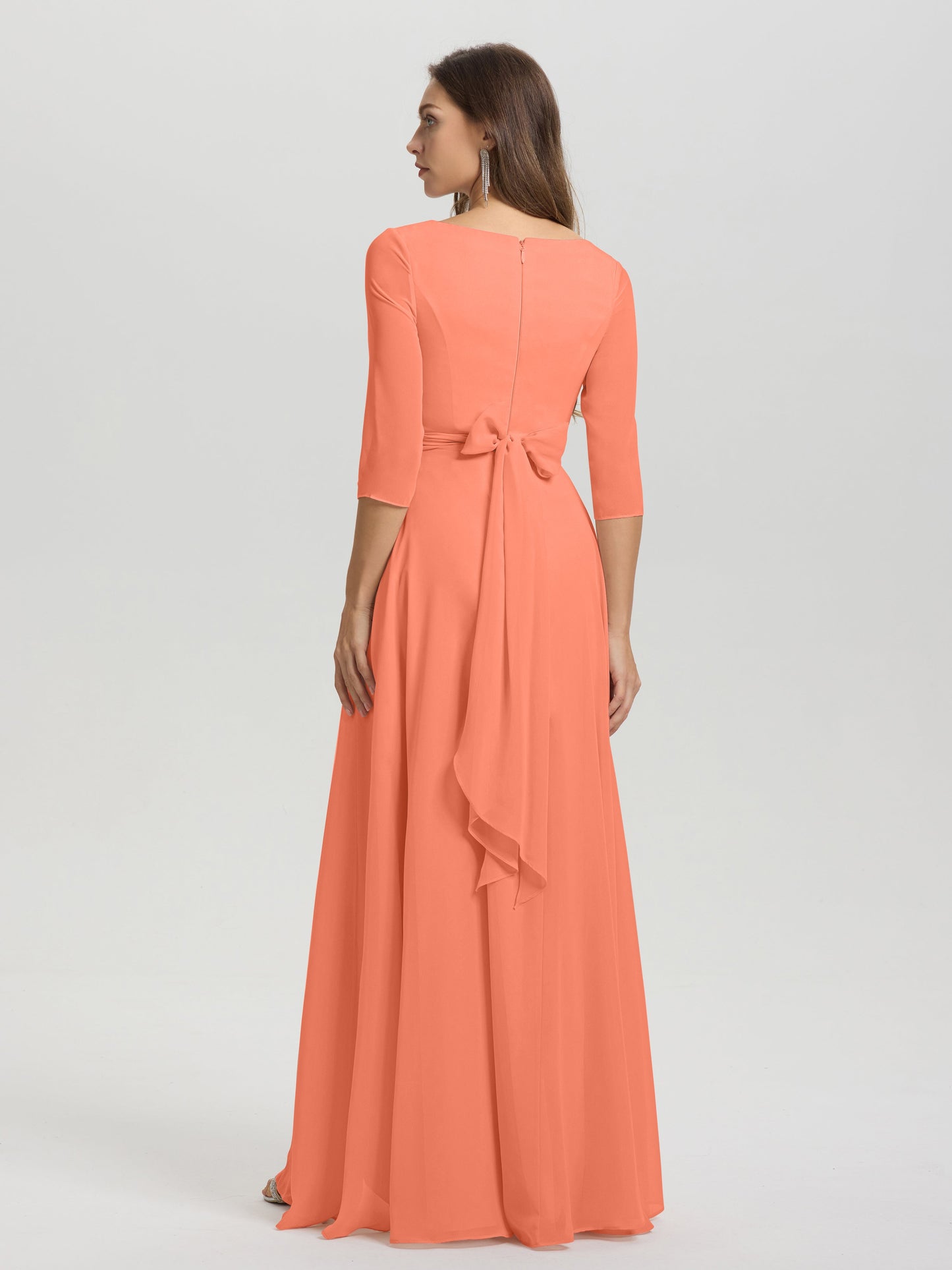 Flowy 3/4 Sleeves V-Neck Asymmetrical High Low Chiffon Bridesmaid Dress