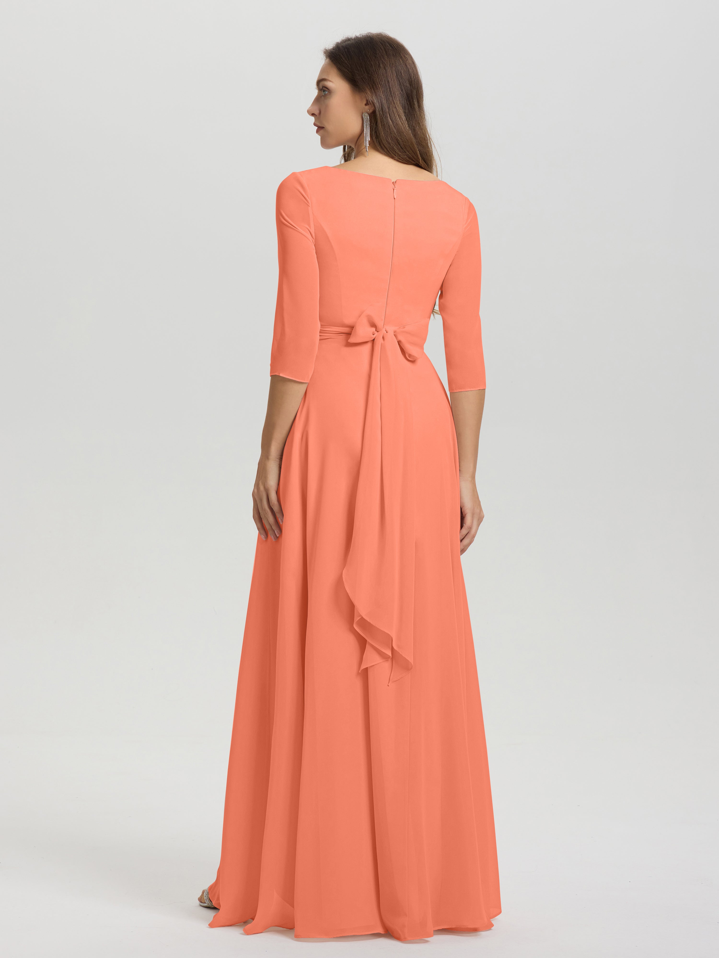 Flowy 3/4 Sleeves V-Neck Asymmetrical High Low Chiffon Bridesmaid Dress