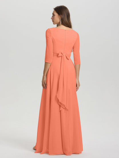 Flowy 3/4 Sleeves V-Neck Asymmetrical High Low Chiffon Bridesmaid Dress