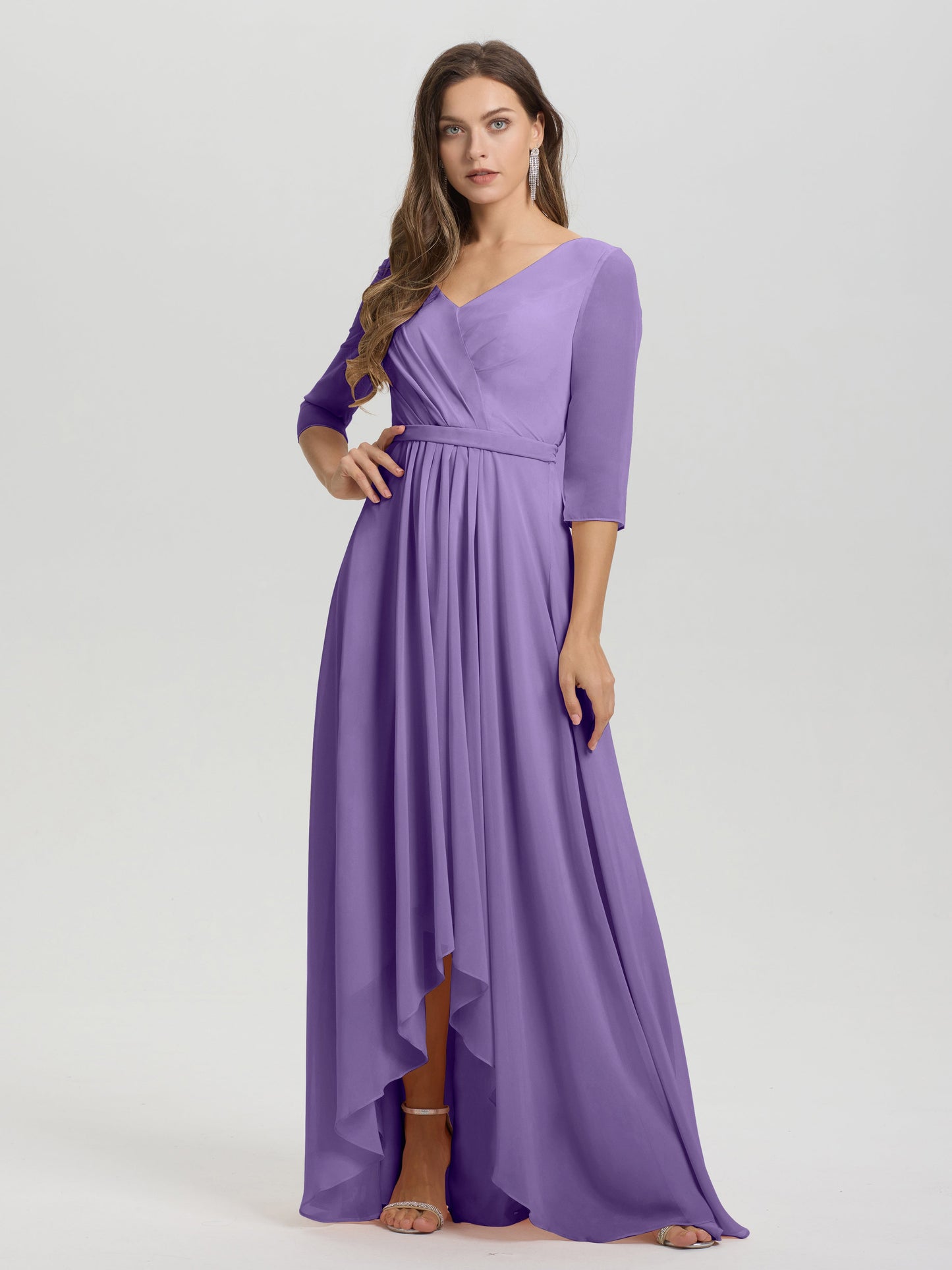 Flowy 3/4 Sleeves V-Neck Asymmetrical High Low Chiffon Bridesmaid Dress