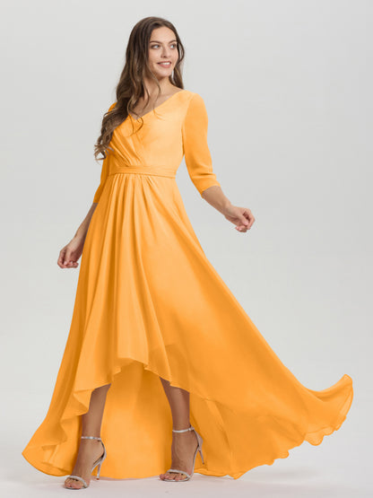 Flowy 3/4 Sleeves V-Neck Asymmetrical High Low Chiffon Bridesmaid Dress