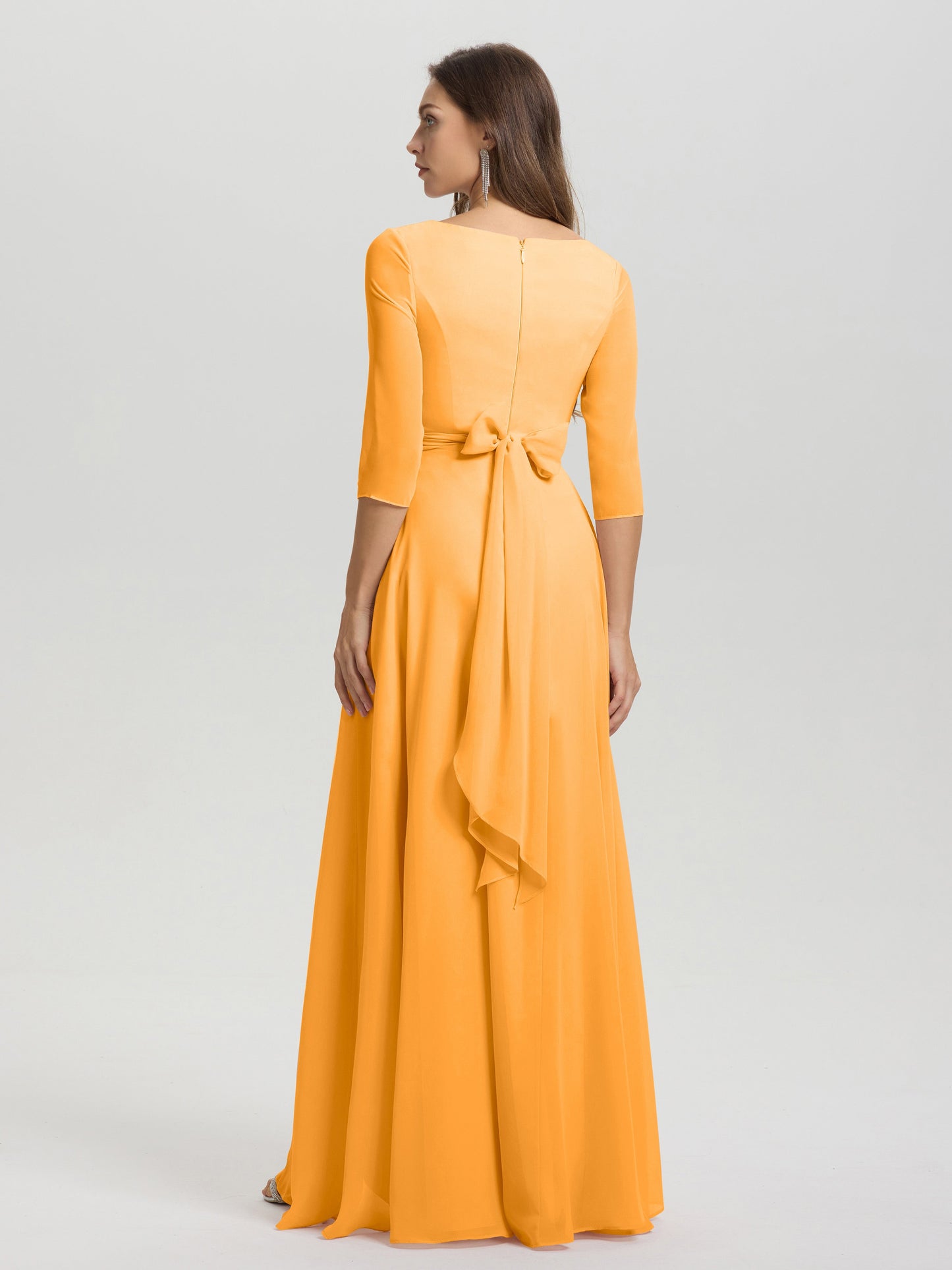 Flowy 3/4 Sleeves V-Neck Asymmetrical High Low Chiffon Bridesmaid Dress